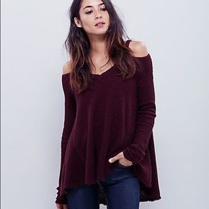 Free People Maroon Cold Shoulder Long Sleeve Cotton Sweater